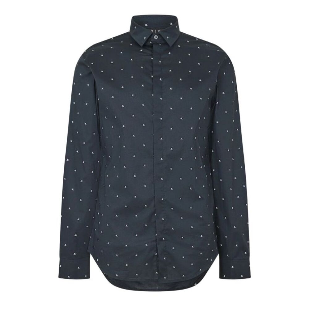 Armani Exchange Mens Printed Long-Sleeved Shirt / Navy